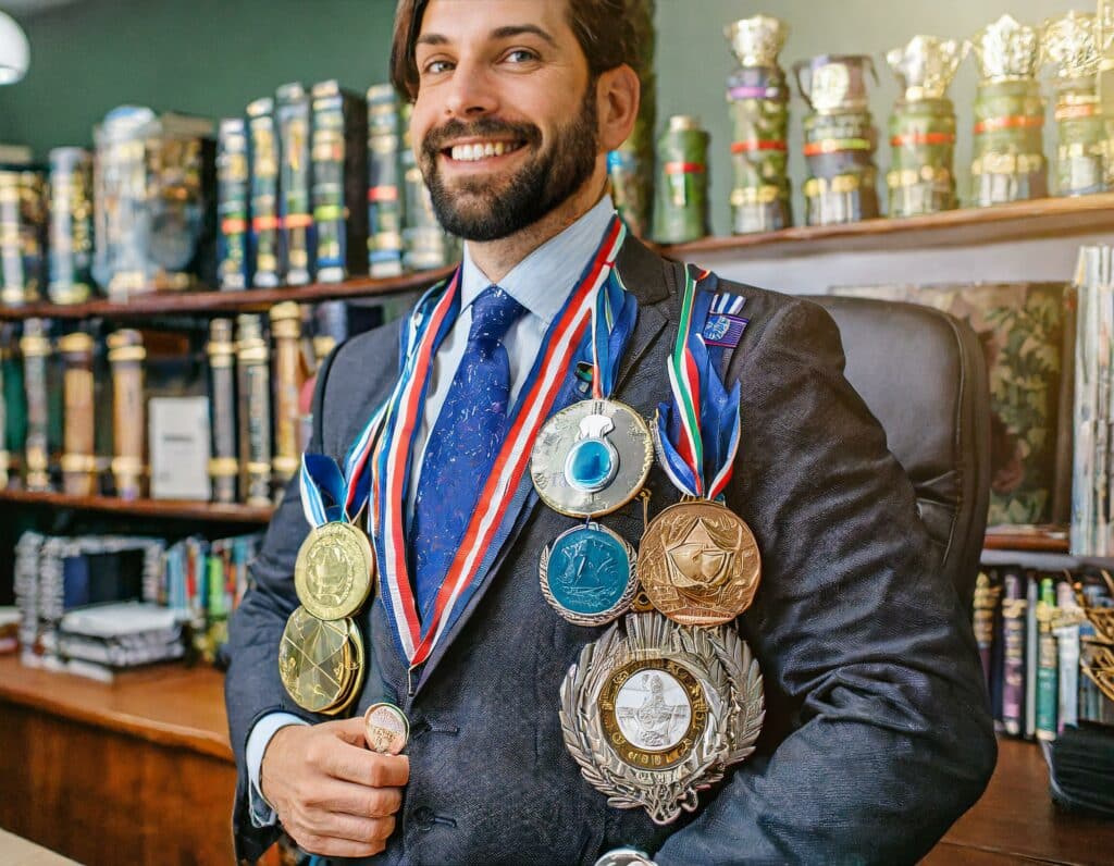 Adobe ai generated image terms, “stereo typical Attorney with a ridiculous amount of military awards, ribbons, ribbon devices, badges, and medal racks pinned on their suit like they were a boy scout”